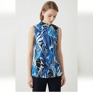 Milano Blue Black Tropical Mock Neck Sleeveless Crinkled Tank 18/20